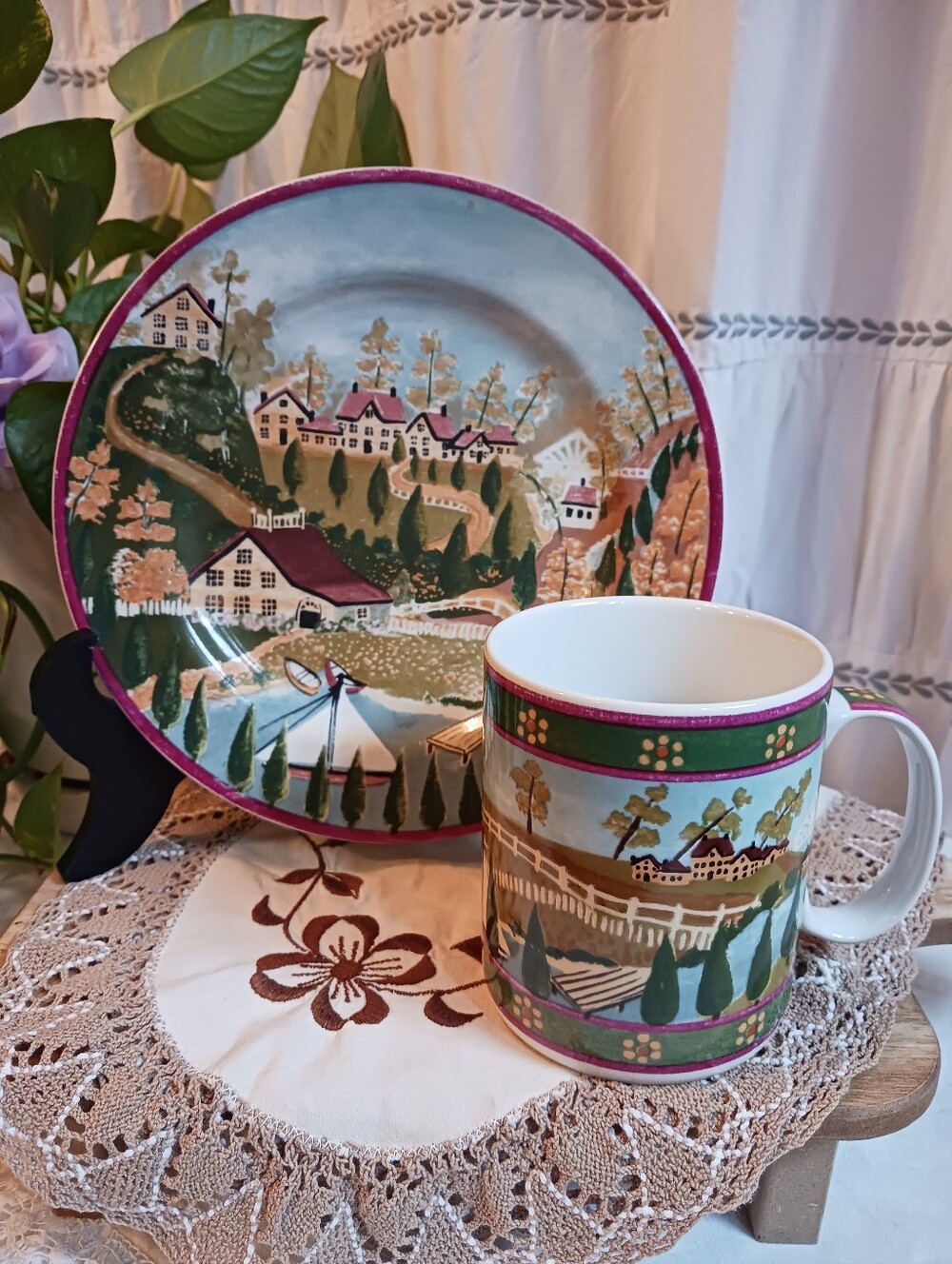 Vintage 1995 Block 8in Plate & Mug Set Country Village By Gear Folkart Cottage